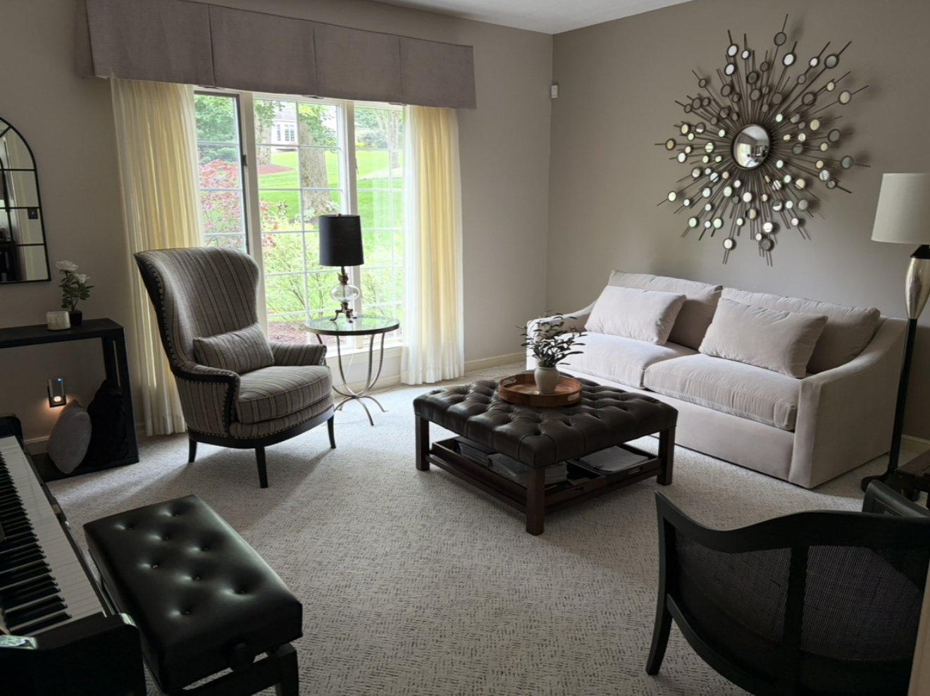 Living room with new patterned carpet, installed by Robco